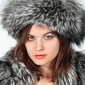 April O slim slender brunette silver fox fur jacket hat