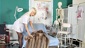 hot blonde nurse fetish uniform stockings fur coat